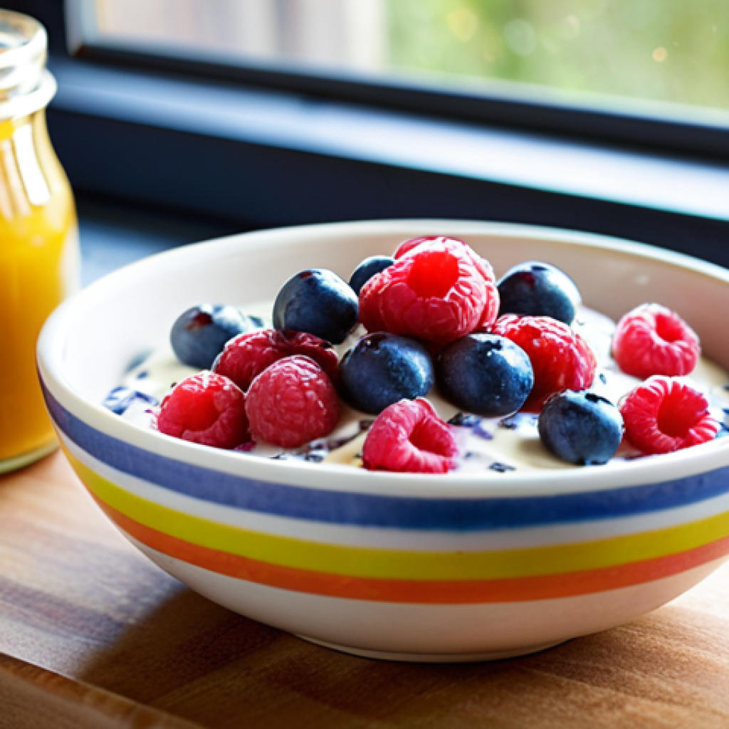 **

A vibrant, eye-level shot of a colorful bowl filled with Greek yogurt, topped with fresh blueberries, raspberries, a sprinkle of chia seeds, and a drizzle of honey. A cinnamon stick rests artfully on the side. The background is softly blurred, perhaps a sunlit kitchen counter. The image should evoke a feeling of healthy indulgence and a delightful start to the day. Focus on the textures and colors to create a mouthwatering and visually appealing composition.

**