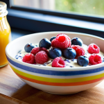 **

A vibrant, eye-level shot of a colorful bowl filled with Greek yogurt, topped with fresh blueberries, raspberries, a sprinkle of chia seeds, and a drizzle of honey. A cinnamon stick rests artfully on the side. The background is softly blurred, perhaps a sunlit kitchen counter. The image should evoke a feeling of healthy indulgence and a delightful start to the day. Focus on the textures and colors to create a mouthwatering and visually appealing composition.

**