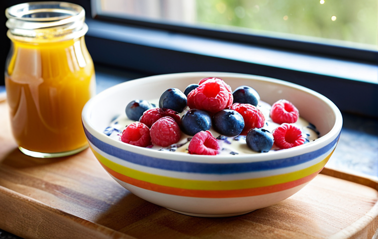 **

A vibrant, eye-level shot of a colorful bowl filled with Greek yogurt, topped with fresh blueberries, raspberries, a sprinkle of chia seeds, and a drizzle of honey. A cinnamon stick rests artfully on the side. The background is softly blurred, perhaps a sunlit kitchen counter. The image should evoke a feeling of healthy indulgence and a delightful start to the day. Focus on the textures and colors to create a mouthwatering and visually appealing composition.

**
