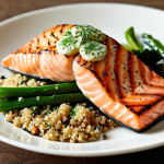 **Image:** Grilled salmon with lemon-dill sauce, served with a side of quinoa and green vegetables. Focus on the vibrant colors and texture of the food. *Style: Food photography.*