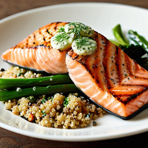 **Image:** Grilled salmon with lemon-dill sauce, served with a side of quinoa and green vegetables. Focus on the vibrant colors and texture of the food. *Style: Food photography.*