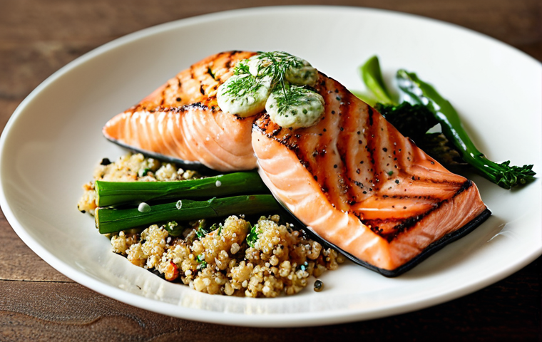 **Image:** Grilled salmon with lemon-dill sauce, served with a side of quinoa and green vegetables. Focus on the vibrant colors and texture of the food. *Style: Food photography.*
