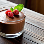 Light Chocolate Mousse**

"A close-up shot of a delicate chocolate mousse in a glass bowl, garnished with fresh raspberries and a sprig of mint, served on a rustic wooden table. Fully clothed, safe for work, appropriate content, perfect anatomy of the dessert elements, natural proportions, professional food photography, high quality, modest presentation, family-friendly."

**
