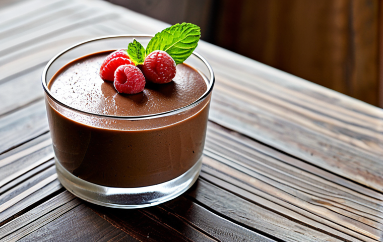 Light Chocolate Mousse**

"A close-up shot of a delicate chocolate mousse in a glass bowl, garnished with fresh raspberries and a sprig of mint, served on a rustic wooden table. Fully clothed, safe for work, appropriate content, perfect anatomy of the dessert elements, natural proportions, professional food photography, high quality, modest presentation, family-friendly."

**