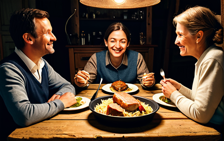 유산균이 풍부한 채소 리스트 - **Image Prompt:** A French family enjoying a meal featuring choucroute garnie on a rustic wooden tab...