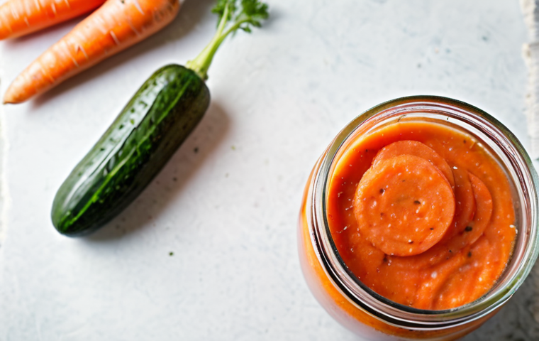 유산균이 풍부한 채소 리스트 - **Image Prompt:** A colorful arrangement of Korean kimchi varieties displayed in earthenware pots in...