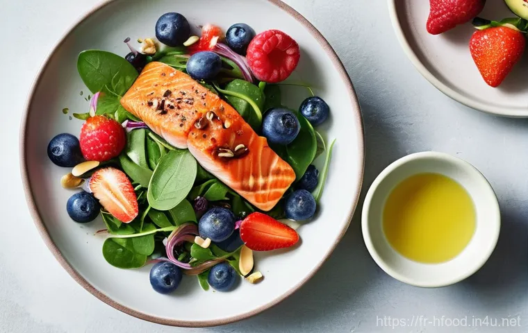 피부 염증 완화에 좋은 음식 - **Prompt 1: The Plate as Your Best Day Cream**
    "A bright, high-definition still life of a bounti...