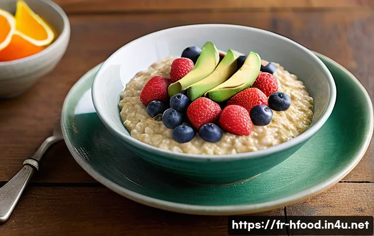 콜레스테롤 낮추는 음식 리스트 - **Prompt:** A bright and inviting breakfast scene on a rustic wooden table. A steaming bowl of cream...