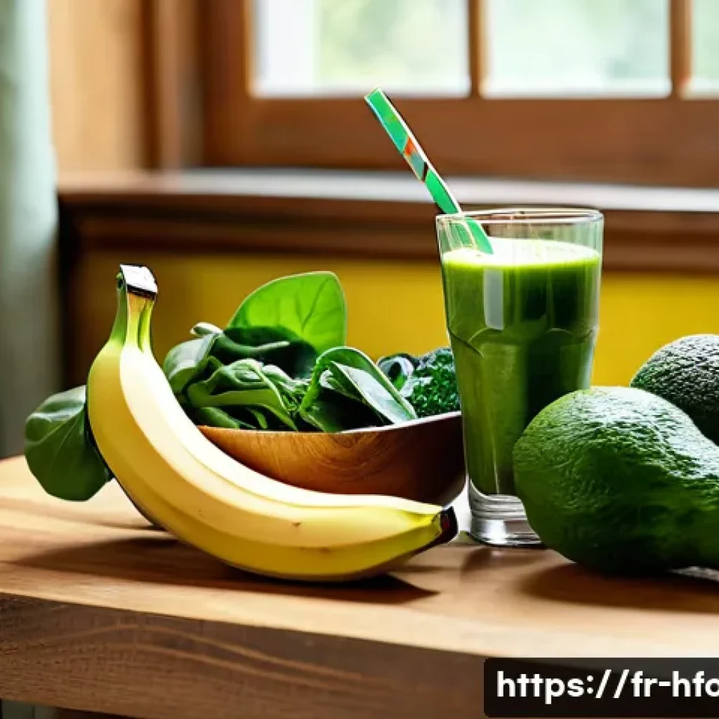 혈압 조절에 좋은 음식 리스트 - A vibrant still life composition of potassium-rich fruits and vegetables arranged on a rustic wooden...