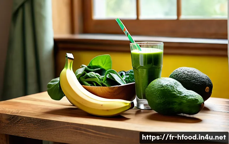 혈압 조절에 좋은 음식 리스트 - A vibrant still life composition of potassium-rich fruits and vegetables arranged on a rustic wooden...