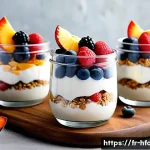 Home 22 비건 요거트 브랜드별 성분 비교 - A vibrant and inviting breakfast scene featuring three vegan yogurts in clear glass bowls, each made...