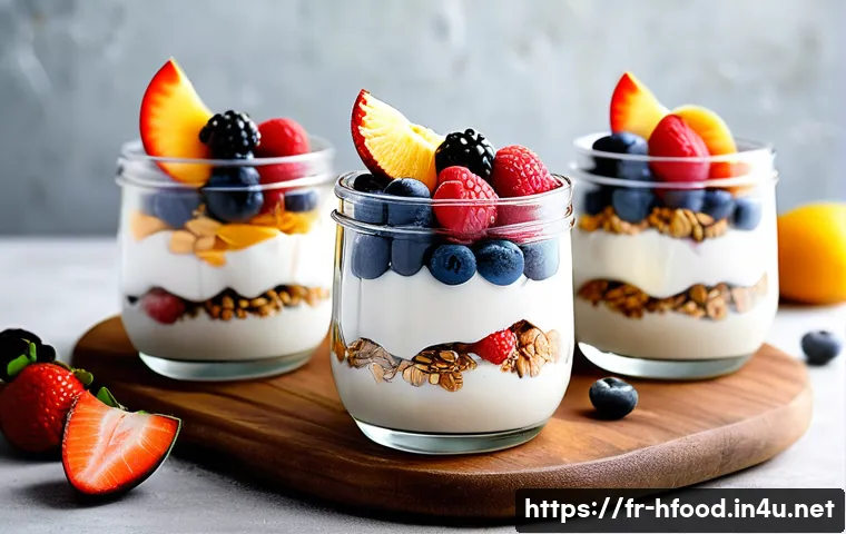비건 요거트 브랜드별 성분 비교 - A vibrant and inviting breakfast scene featuring three vegan yogurts in clear glass bowls, each made...