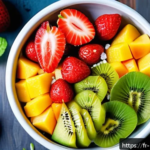 Home 32 건강한 디저트 과일 샐러드 레시피 - A vibrant fruit salad bowl featuring a colorful mix of fresh strawberries, bright green kiwis, and g...