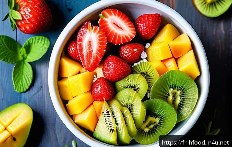 건강한 디저트  과일 샐러드 레시피 - A vibrant fruit salad bowl featuring a colorful mix of fresh strawberries, bright green kiwis, and g...