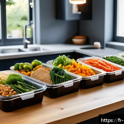 Home 30 다이어트 도시락 브랜드 비교 - A vibrant, modern French kitchen scene showcasing a diverse selection of healthy meal prep boxes on ...