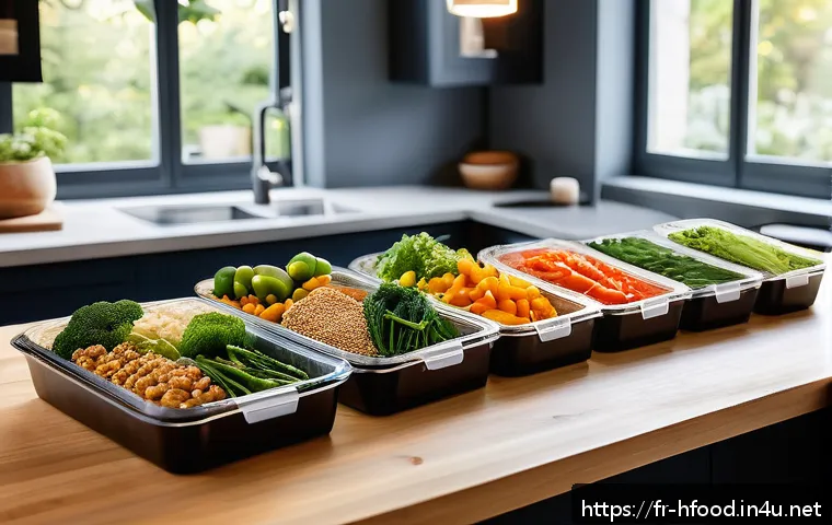 다이어트 도시락 브랜드 비교 - A vibrant, modern French kitchen scene showcasing a diverse selection of healthy meal prep boxes on ...