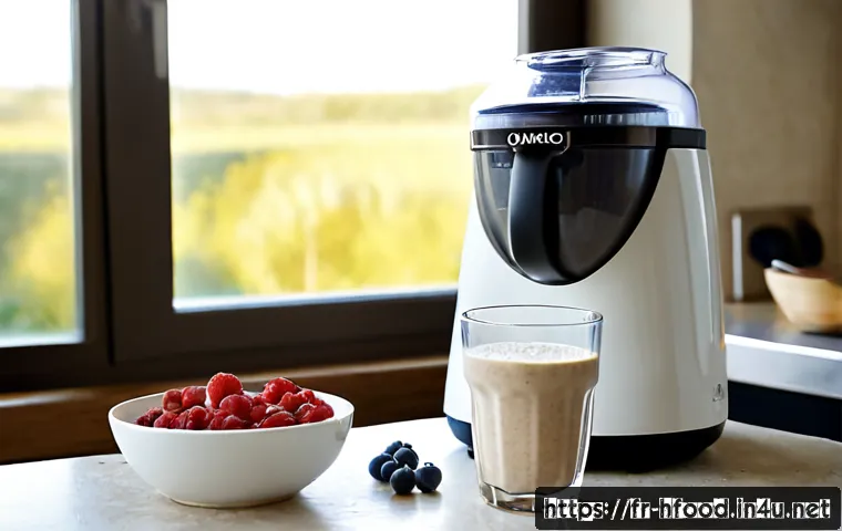 Home 17 프로틴 쉐이크용 우유 대체품 추천 - Photorealistic French breakfast kitchen scene, a clear glass protein shake being blended with creamy...