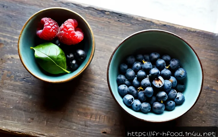 노화를 억제하는 항산화 식품 - Photorealistic overhead still life of antioxidant-rich foods arranged on a rustic French kitchen tab...